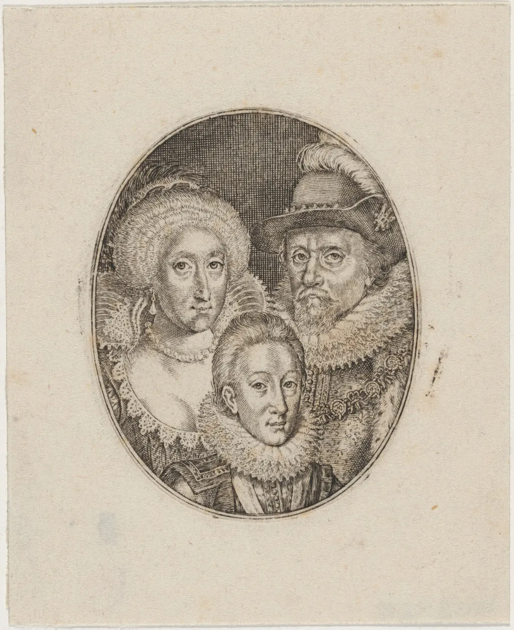 James I, Anne of Denmark, and Prince Charles, by Simon van de Passe, ink, 1621