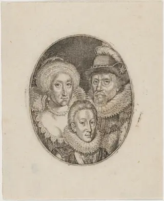 James I, Anne of Denmark, and Prince Charles, by Simon van de Passe, ink, 1621