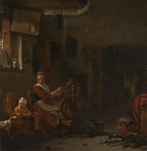Peasant Woman Spinning, by Thomas Wijck, unspecified, 1660