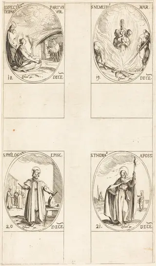 Waiting for the Virgin to Give Birth; St. Nemesius; St. Philogonius; St. Thomas, by Jacques Callot, ink, 1634