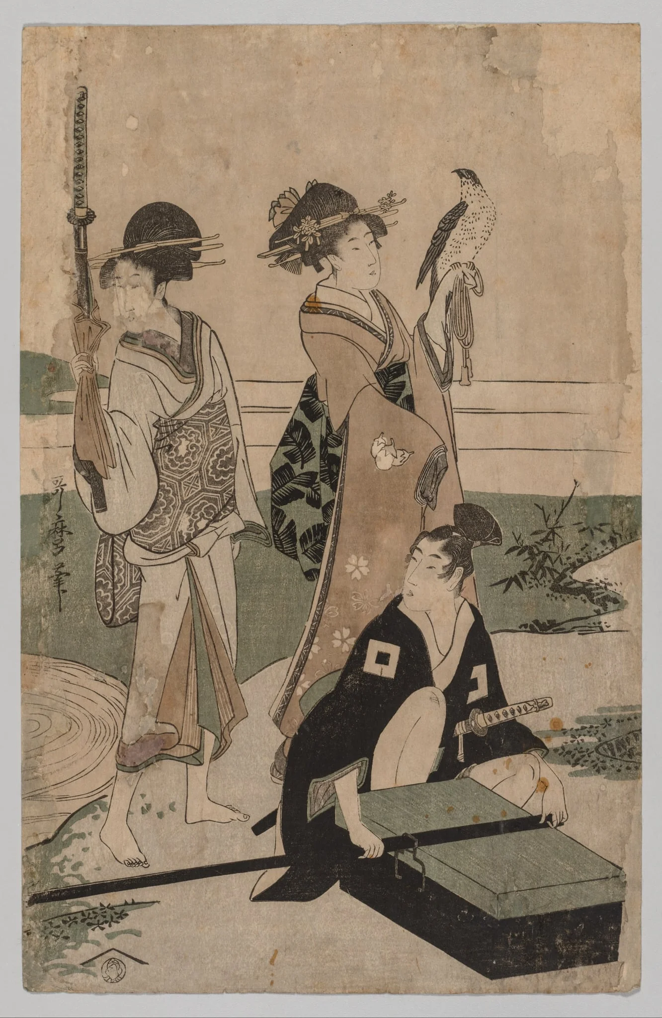 Daimyō and his Retinue Crossing a Stream in Plain Near Fuji, detail