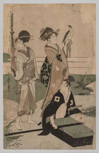 Daimyō and his Retinue Crossing a Stream in Plain Near Fuji, by Kitagawa Utamaro, 1780