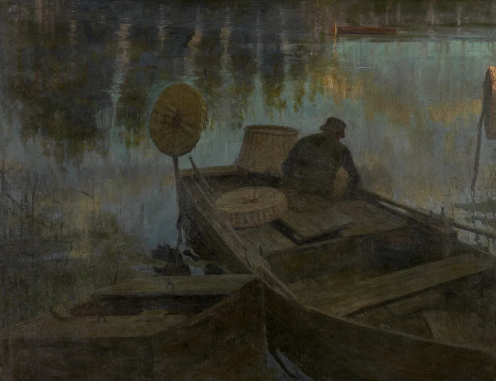 Fisherman in the Moonlight, by Charles Mertens, oil, 1902