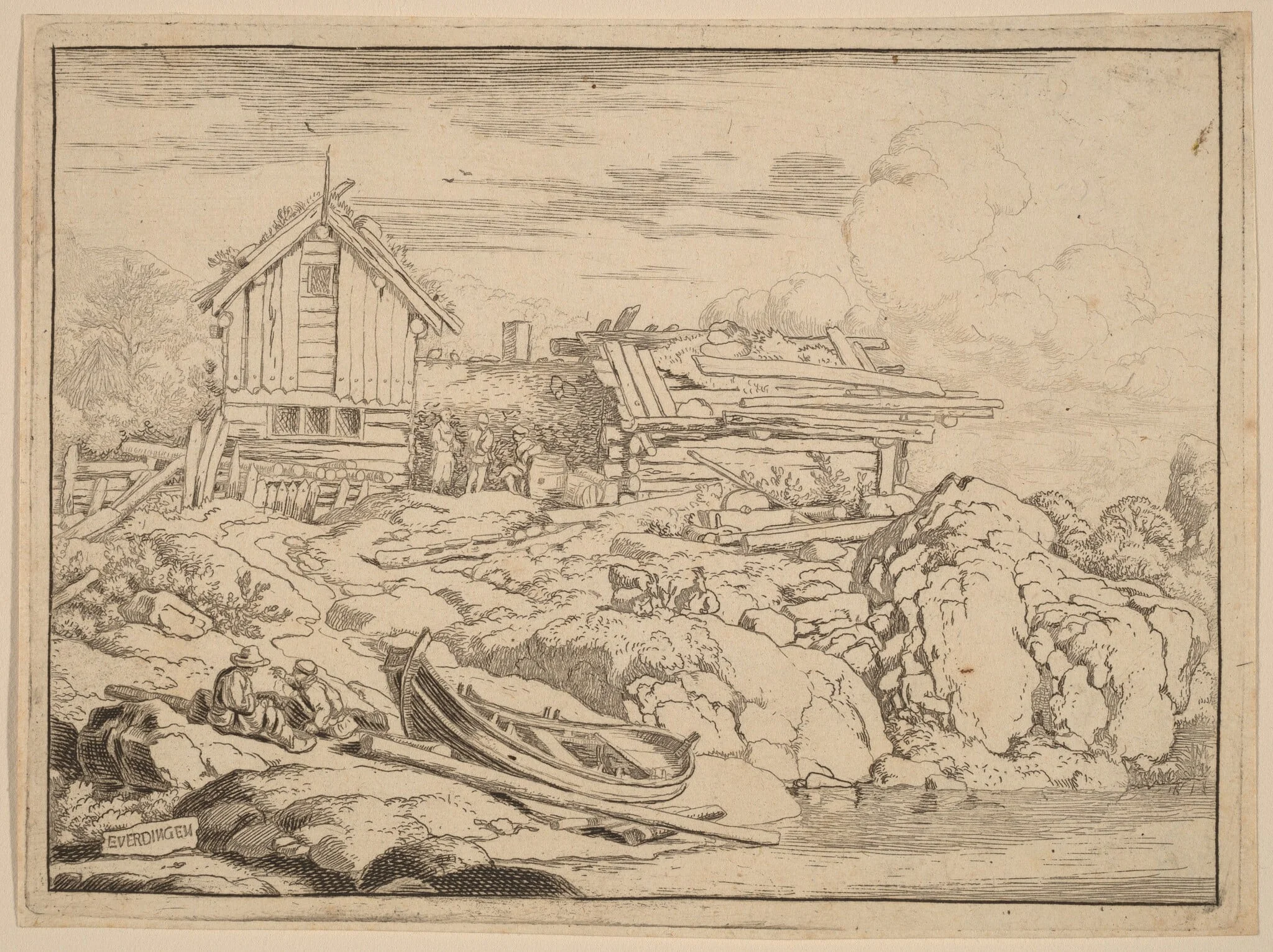 Boat at a River Bank with Three Goats, detail