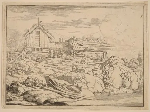 Boat at a River Bank with Three Goats, by Allart van Everdingen, ink, 1650
