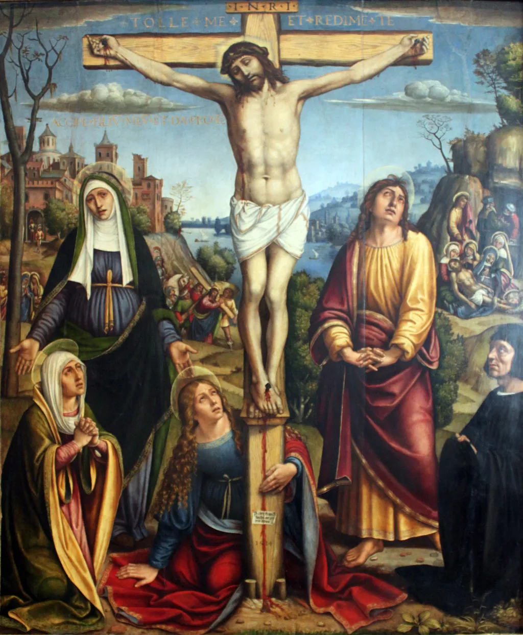 Christ on the Cross, mourned by the three Marys, John and a donor, by Pier Francesco Sacchi, paint, 1514