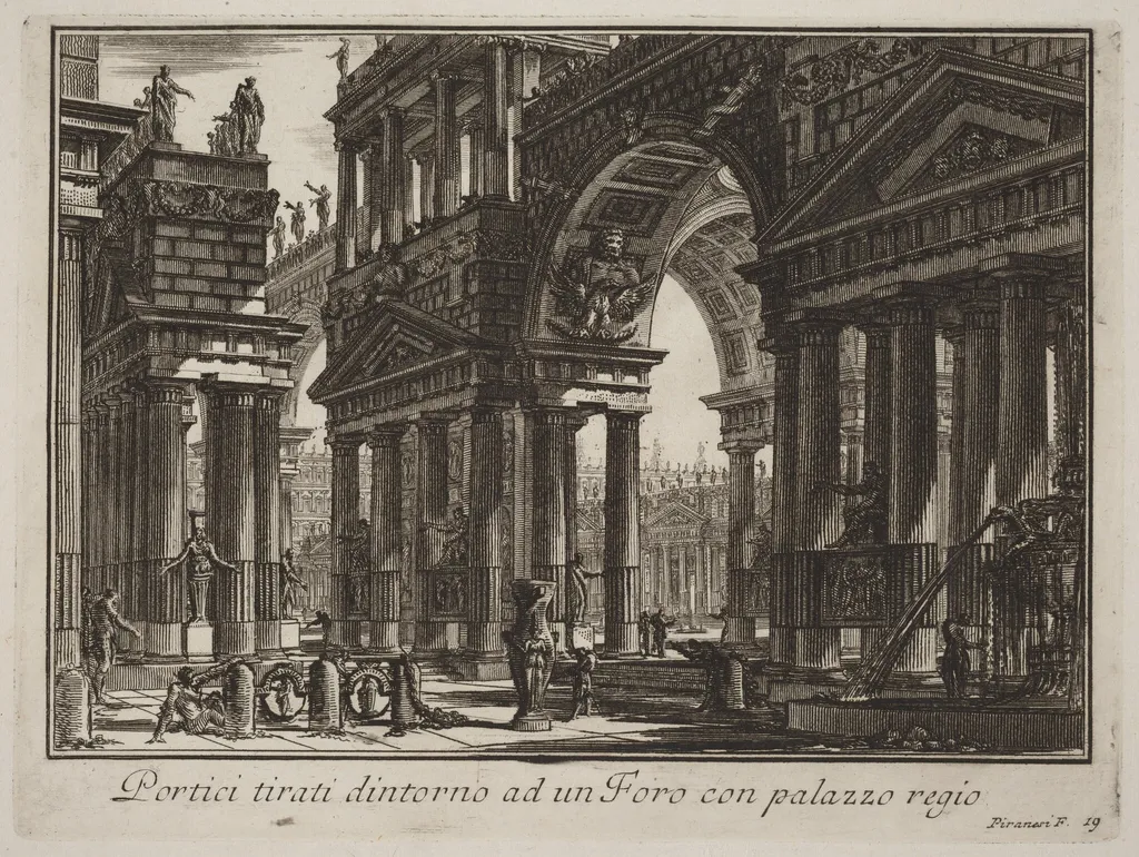 Portici tirati dintorno ad un Foro con palazzo regio, by Giovanni Battista Piranesi, ink, 1750