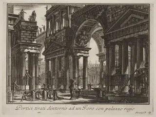Portici tirati dintorno ad un Foro con palazzo regio, by Giovanni Battista Piranesi, ink, 1750