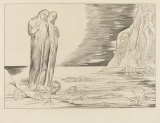 The Circle of the Traitors; Dante's Foot Striking Bocca degli Abbate, by William Blake, ink, 1827