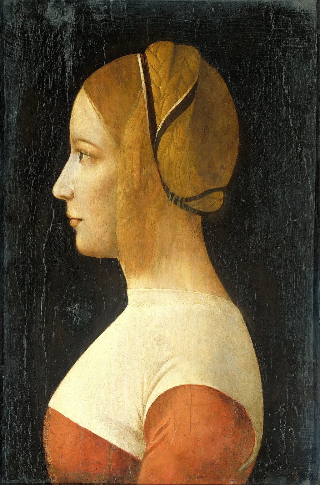 Portrait of a young woman facing left, by Giovanni Ambrogio de Predis, oil, 1500