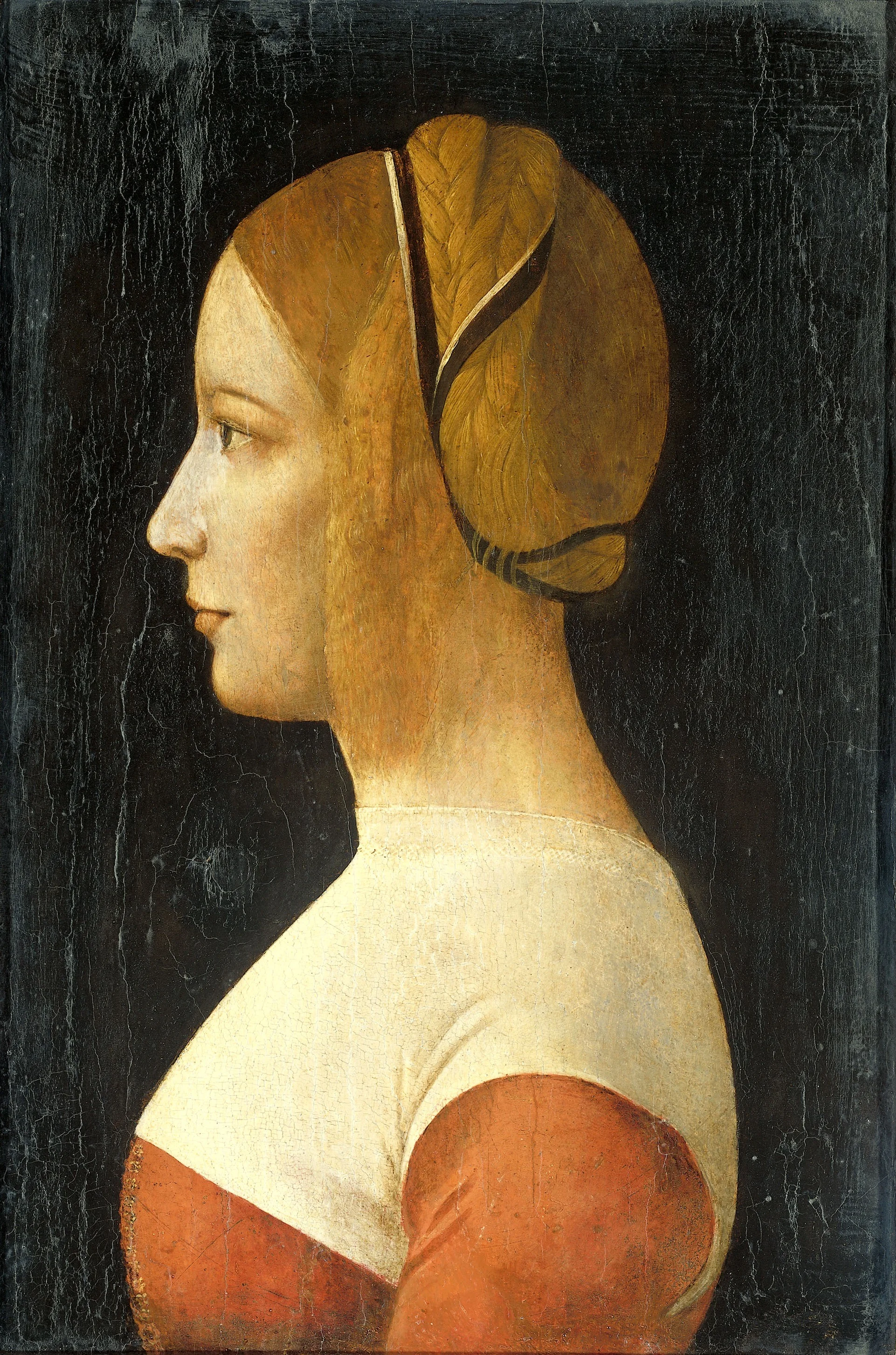 Portrait of a young woman facing left, detail