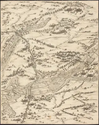 The Siege of La Rochelle [plate 7 of 16;  set comprises 1952.8.97-112], by Jacques Callot, ink, 1630