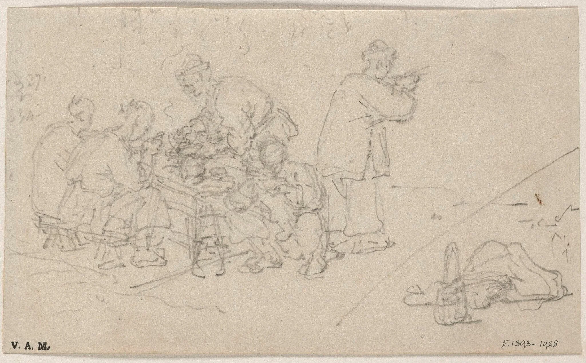 Chinese figures eating food at a table, detail