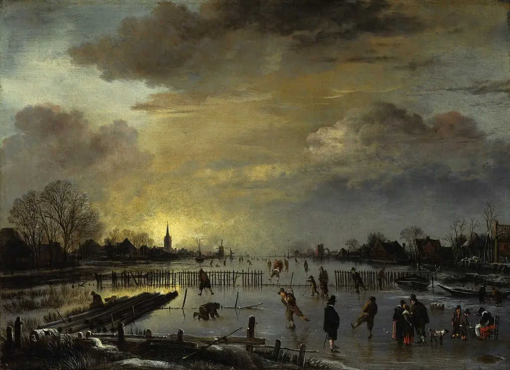 Winter landscape at sunset, by Aert van der Neer, oil, 1655