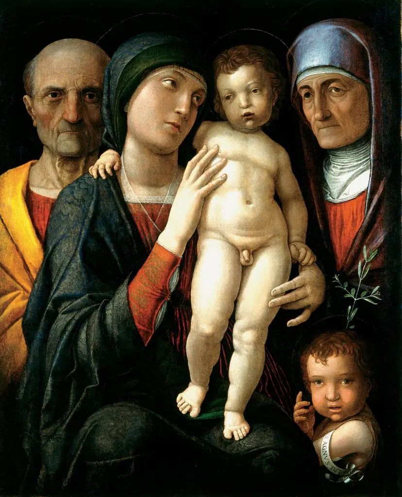 Holy Family with St. Elizabeth and St. John the Baptist as a Child, by Andrea Mantegna, oil, 1498