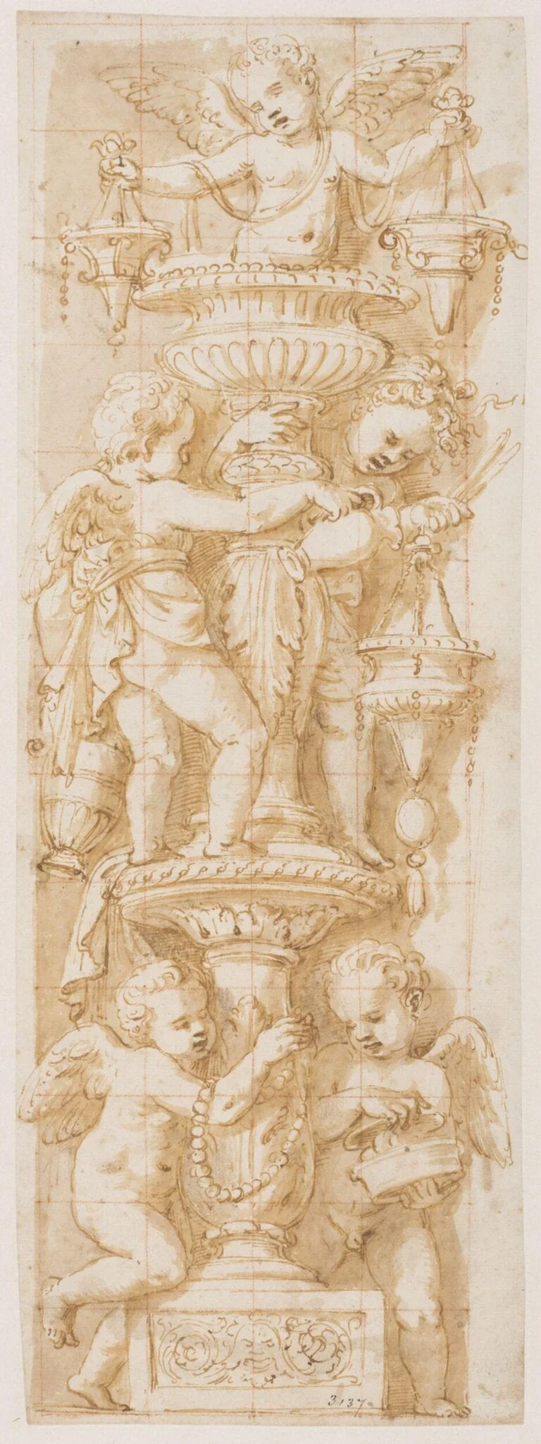 Design for the decoration of a pilaster: infant angels playing round the stem of a candelabrum, detail