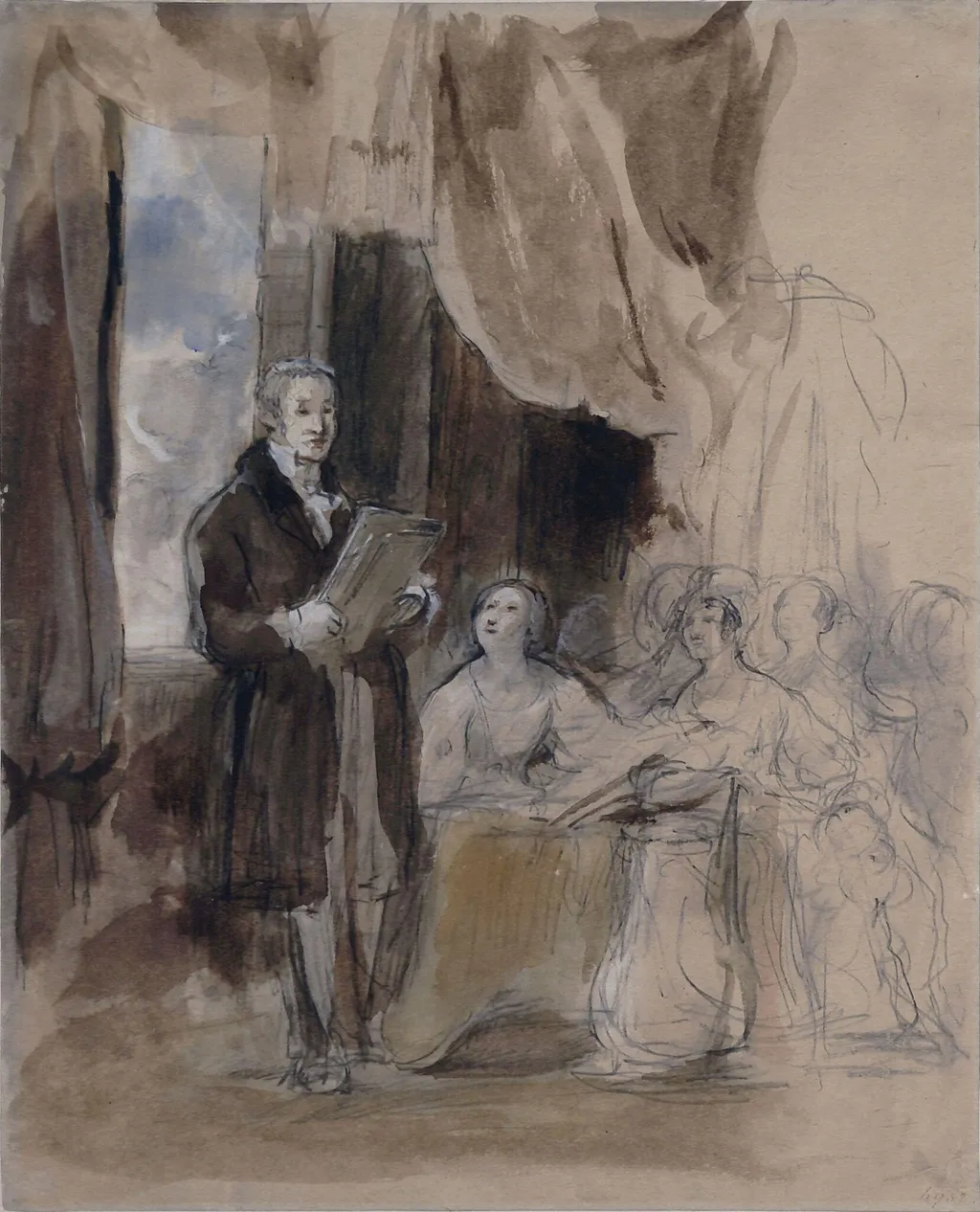 Sir Robert Peel reading to the Queen, by David RA Wilkie, watercolor, 1844