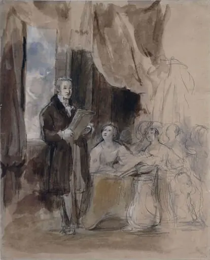 Sir Robert Peel reading to the Queen, by David RA Wilkie, watercolor, 1844