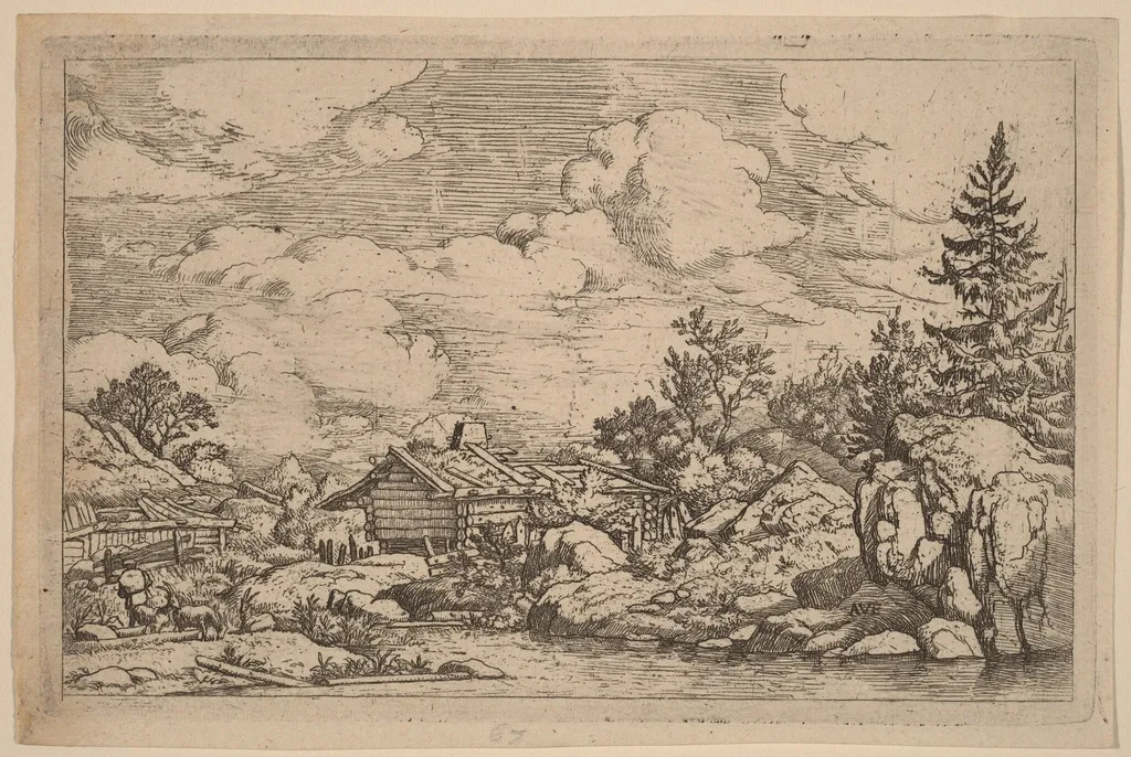Three Goats at the River, by Allart van Everdingen, ink, 1650