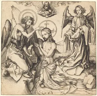 The Baptism of Christ, by Martin Schongauer, ink, 1485