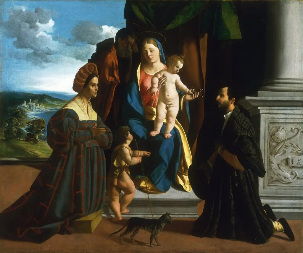 The Holy Family, with the Young Saint John the Baptist, a Cat, and Two Donors, by Dosso Dossi, oil, 1512