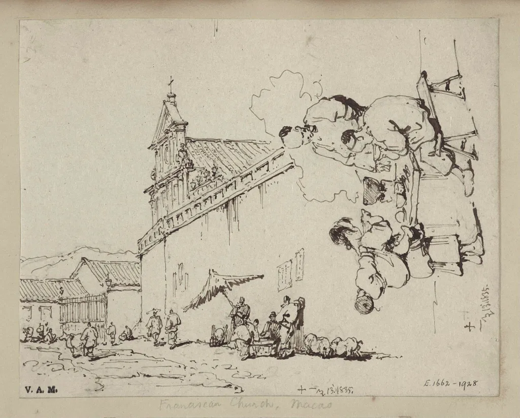 The church of S. Domingos, Macau; and three figures at a food stall, by George Chinnery, 12