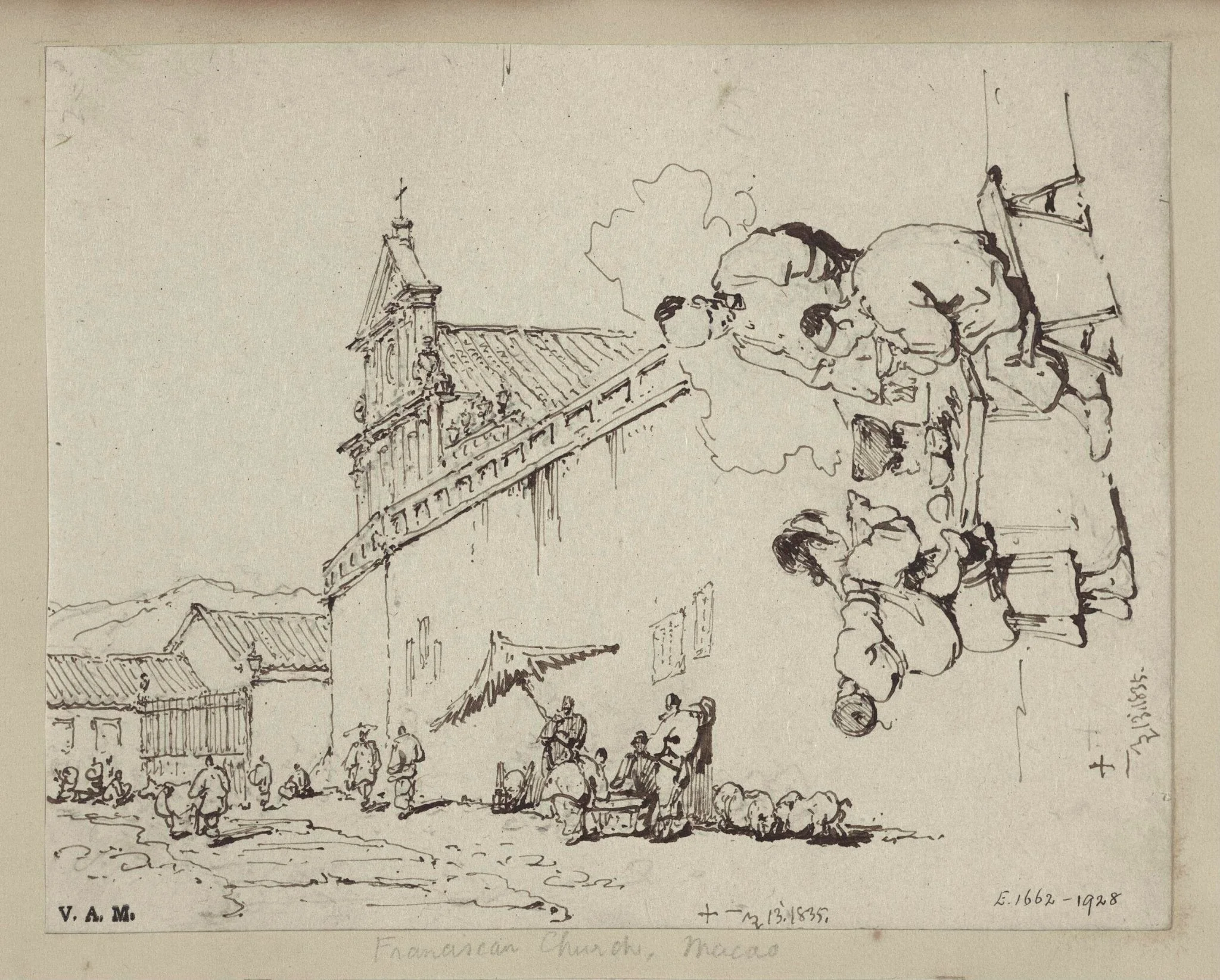 The church of S. Domingos, Macau; and three figures at a food stall, detail