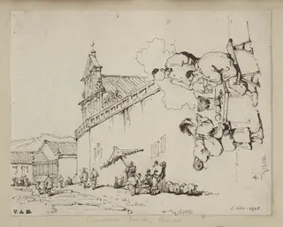 The church of S. Domingos, Macau; and three figures at a food stall, by George Chinnery, 12
