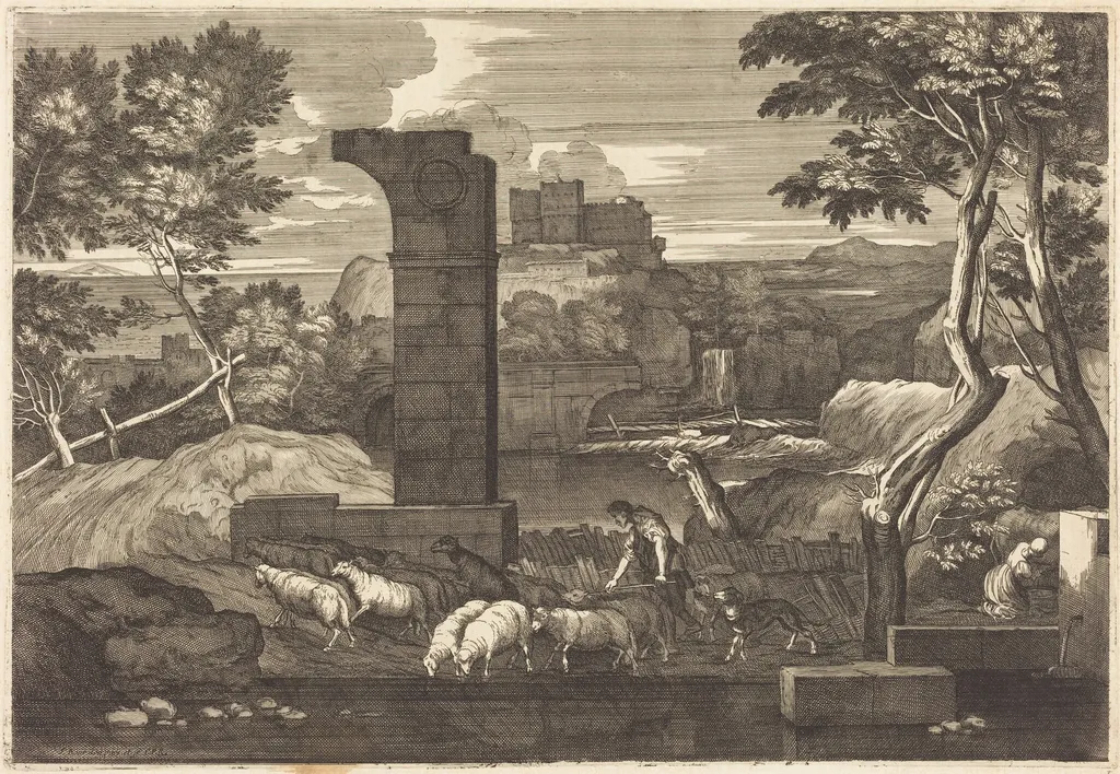 Landscape with Peasant and his Herd, by Sébastien Bourdon, ink, 1644