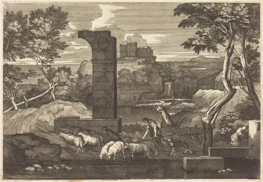 Landscape with Peasant and his Herd, by Sébastien Bourdon, ink, 1644