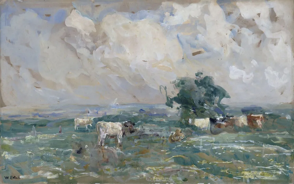 Landscape with Cattle, by Estall, watercolor, 1887