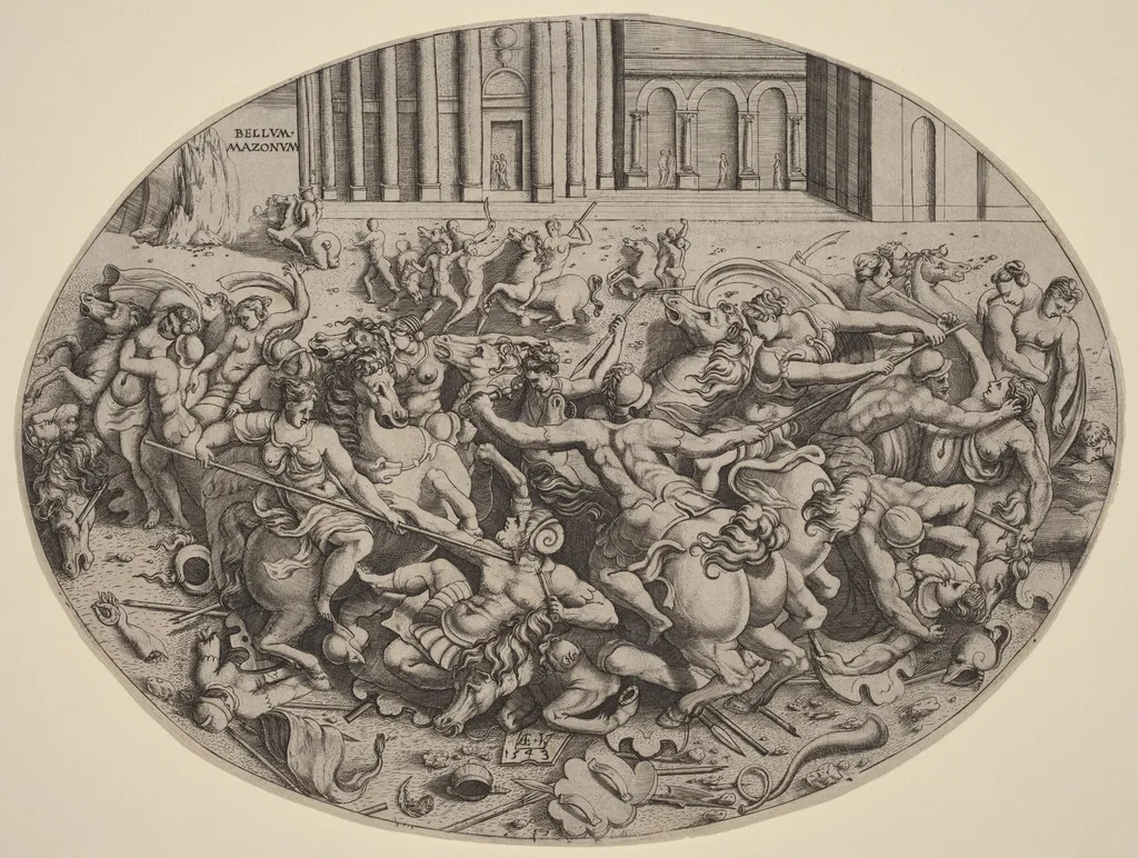 The Battle of the Amazons [recto], by Enea Vico, ink, 1543