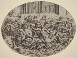 The Battle of the Amazons [recto], by Enea Vico, ink, 1543