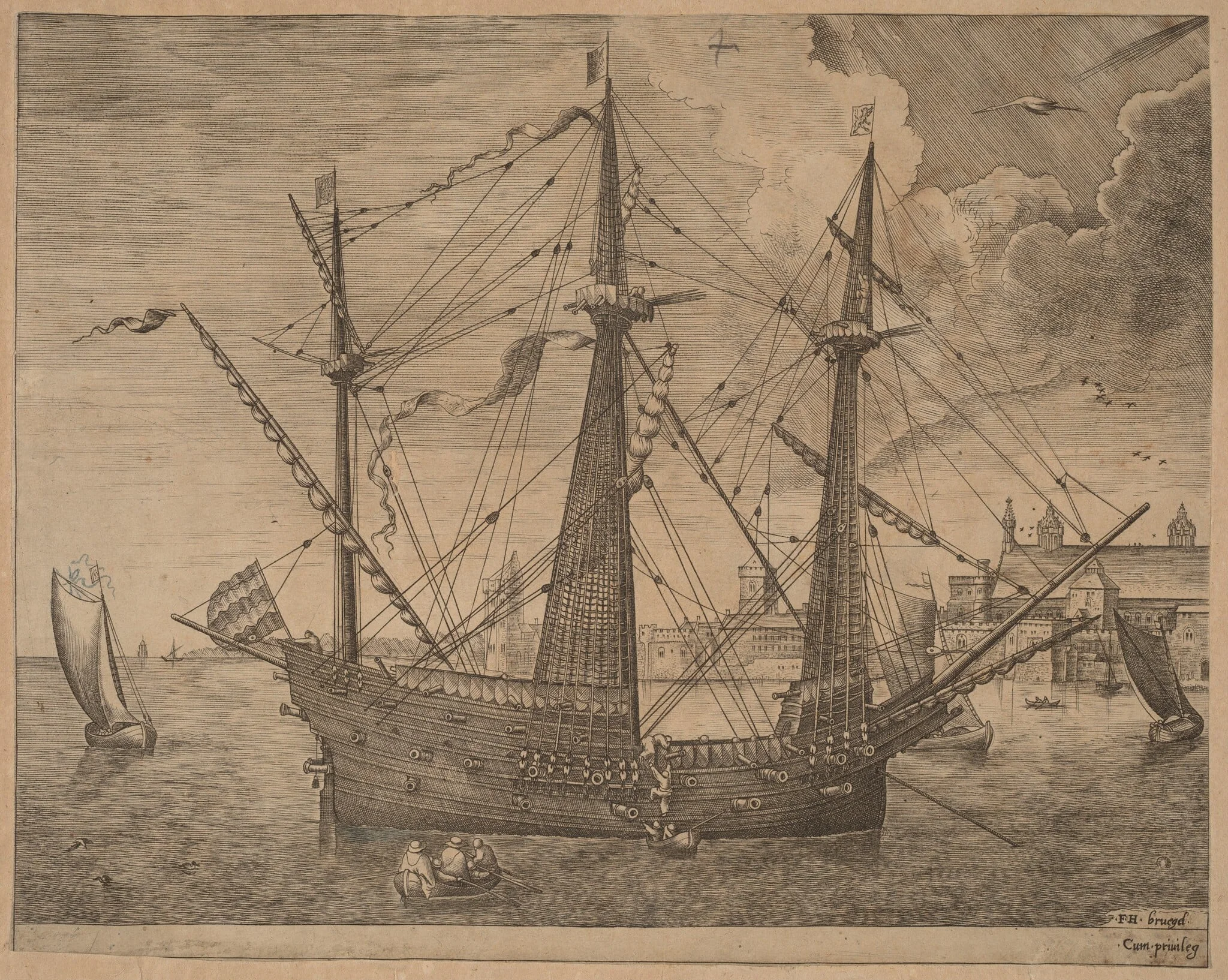 Armed Three-Master Anchored Near a City, detail