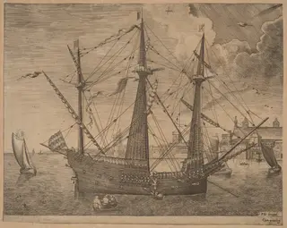 Armed Three-Master Anchored Near a City, by Frans Huys, ink