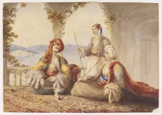 Two Turks, with a Servant, smoking on a Terrace overlooking a Lake or Sea in Turkey or Greece, by William Page, watercolor, 1834