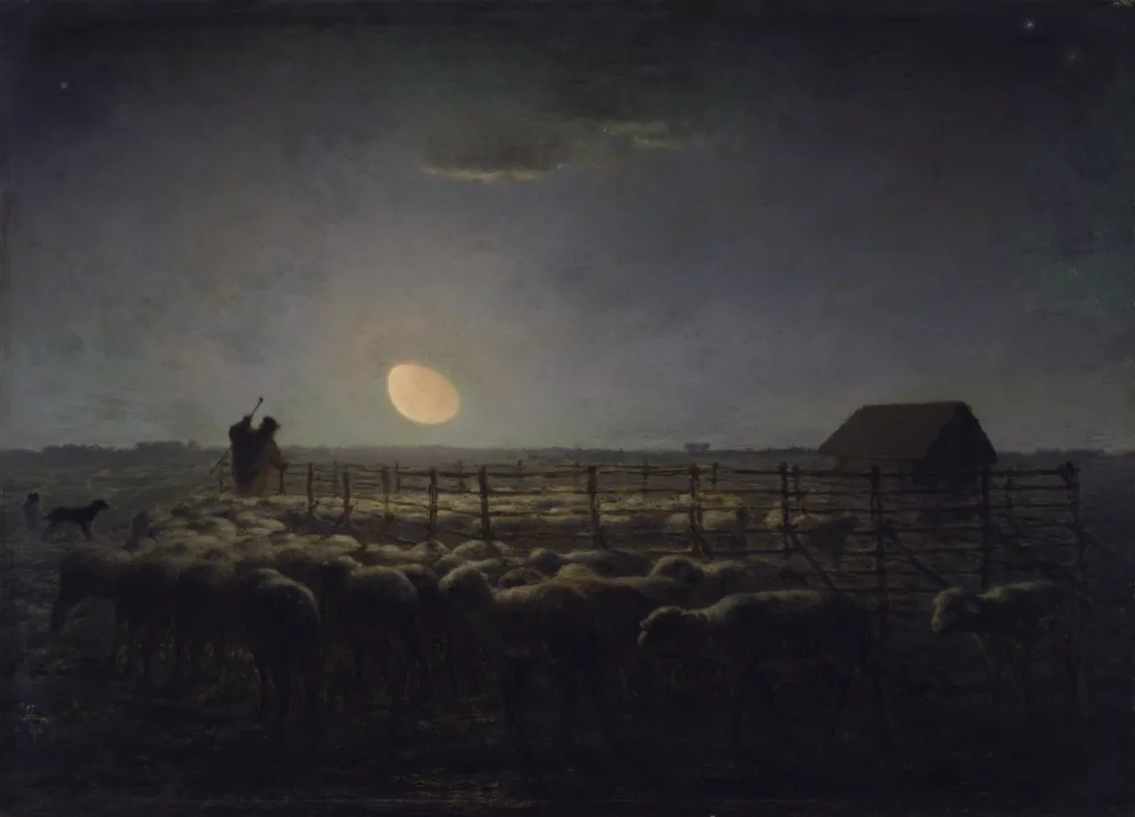 The Sheepfold, Moonlight, by Jean François Millet, oil, 1858