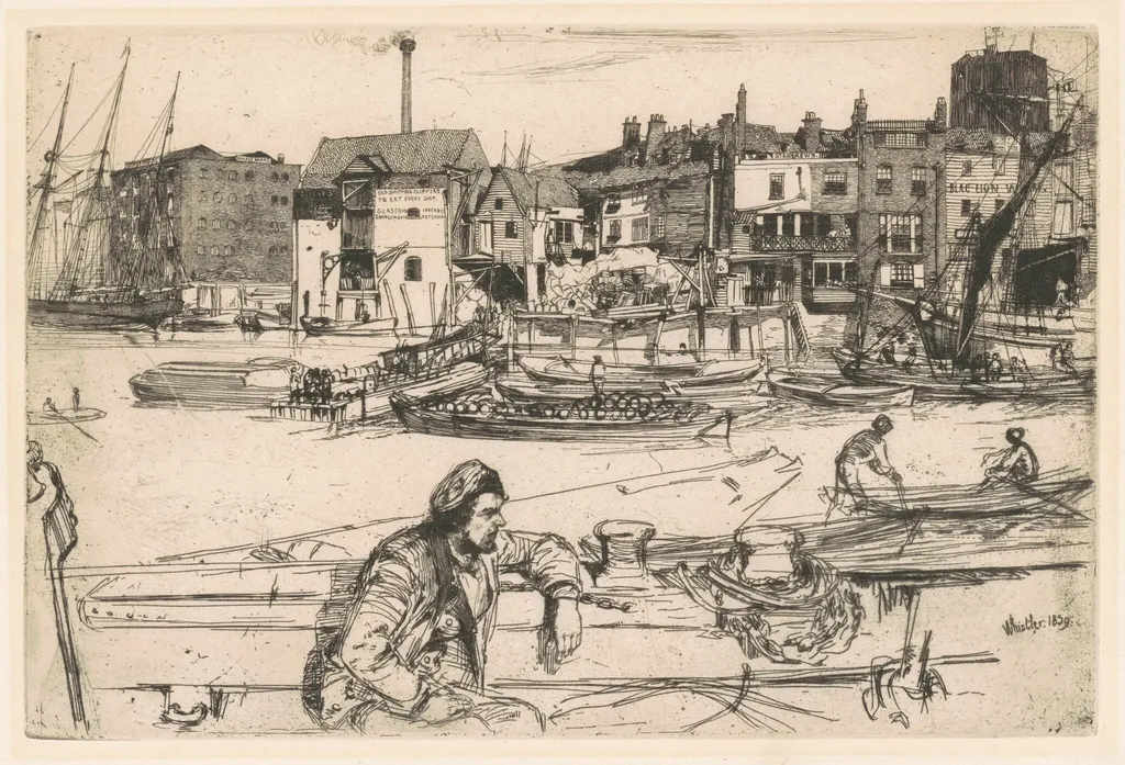 Black Lion Wharf, by James McNeill Whistler, ink, 1859