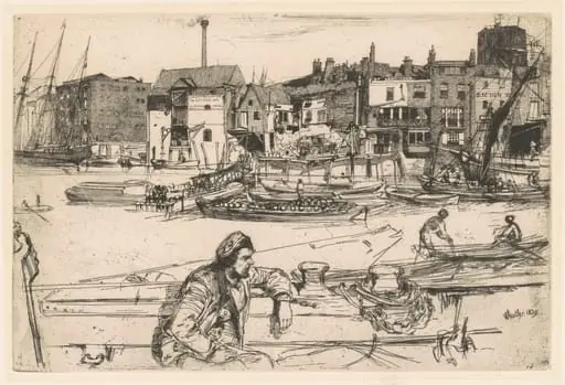 Black Lion Wharf, by James McNeill Whistler, ink, 1859