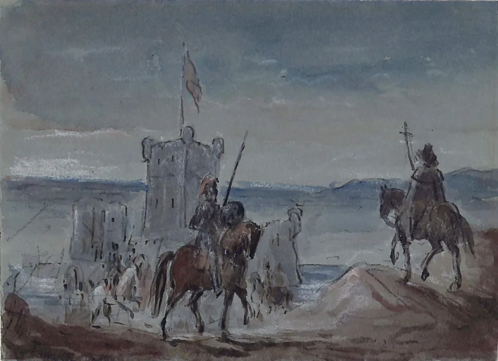 Marmion quitting Norham Castle, by Sir James Stuart, watercolor, 1808