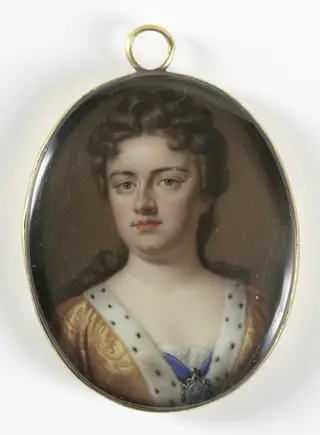 Anne Stuart (1665-1714), koningin van Engeland. Echtgenote van George van Denemarken, by Charles Boit, copper, 1715