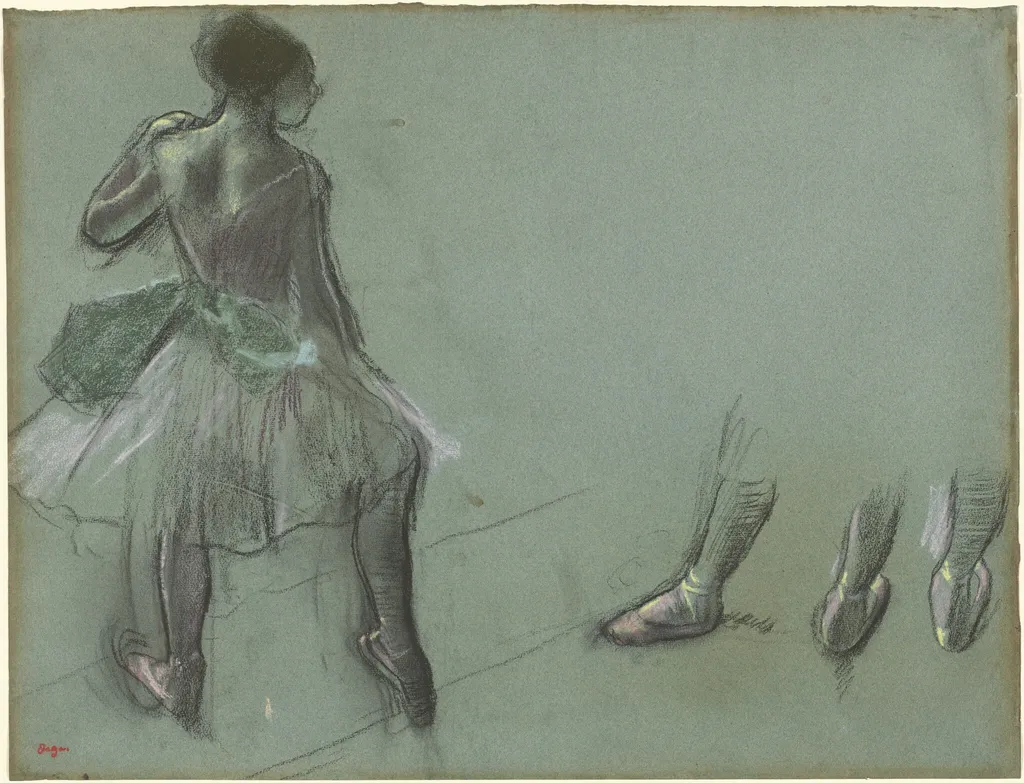 Dancer Seen from Behind and Three Studies of Feet, by Edgar Degas, chalk, 1878