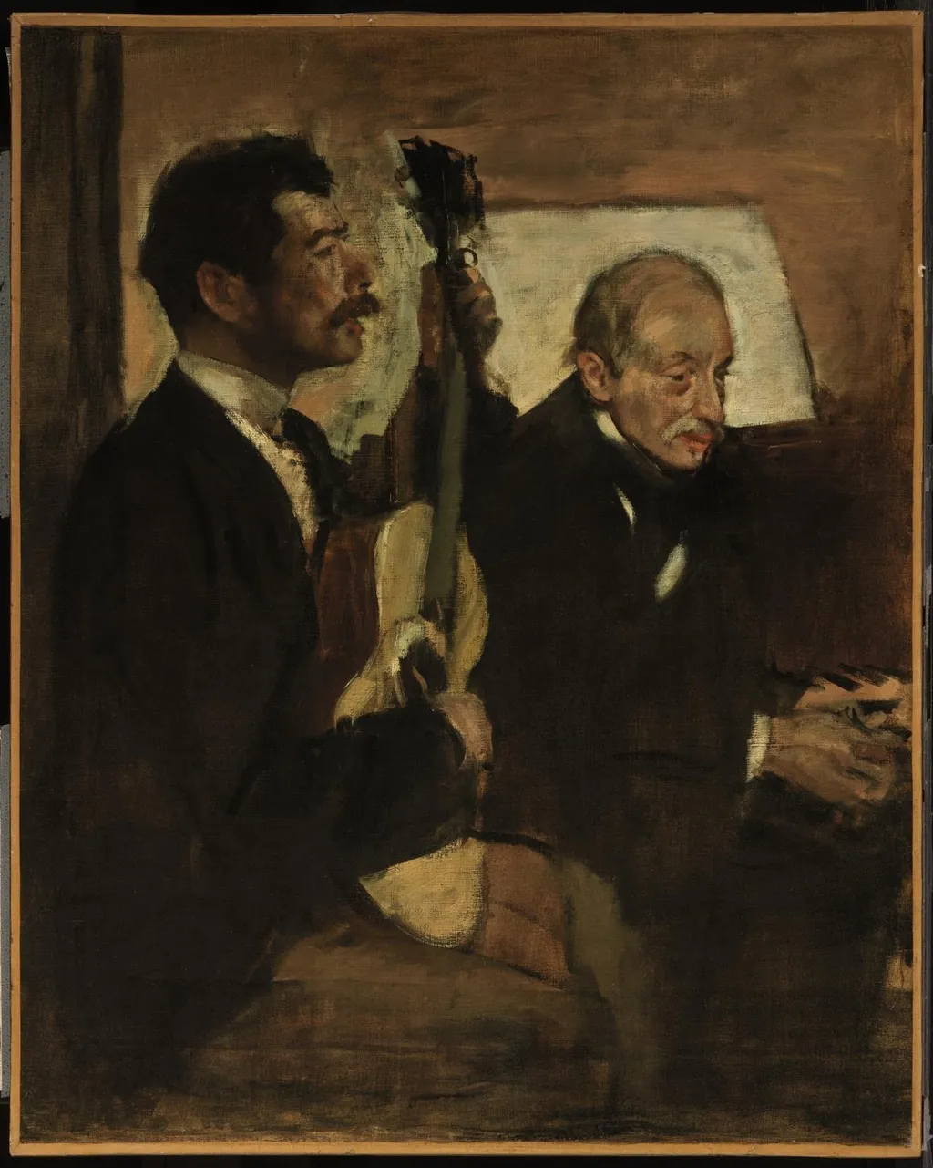Degas's Father Listening to Lorenzo Pagans Playing the Guitar, by Edgar Degas, oil, 1870