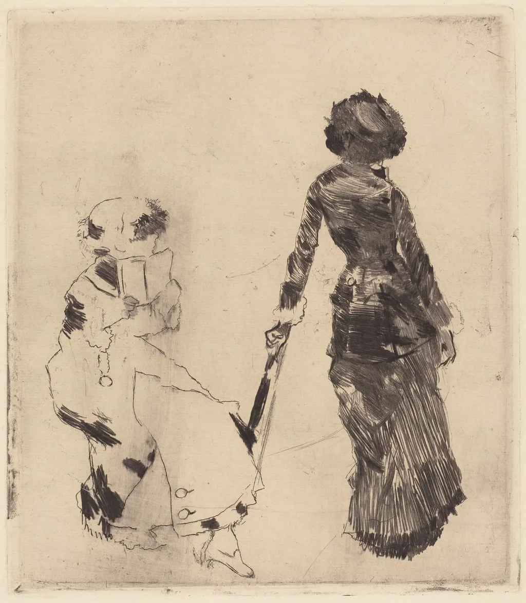 Mary Cassatt at the Louvre: The Etruscan Gallery, by Edgar Degas, ink, 1880