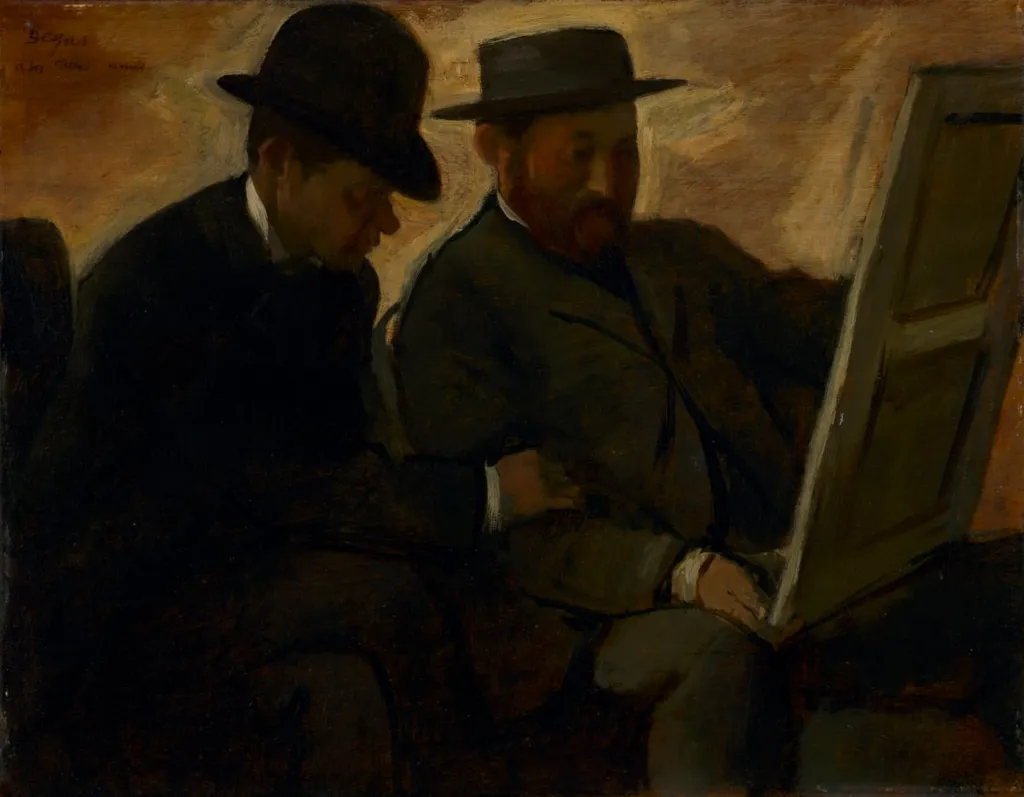 Paul Lafond and Alphonse Cherfils Examining a Painting, by Edgar Degas, unspecified, 1879