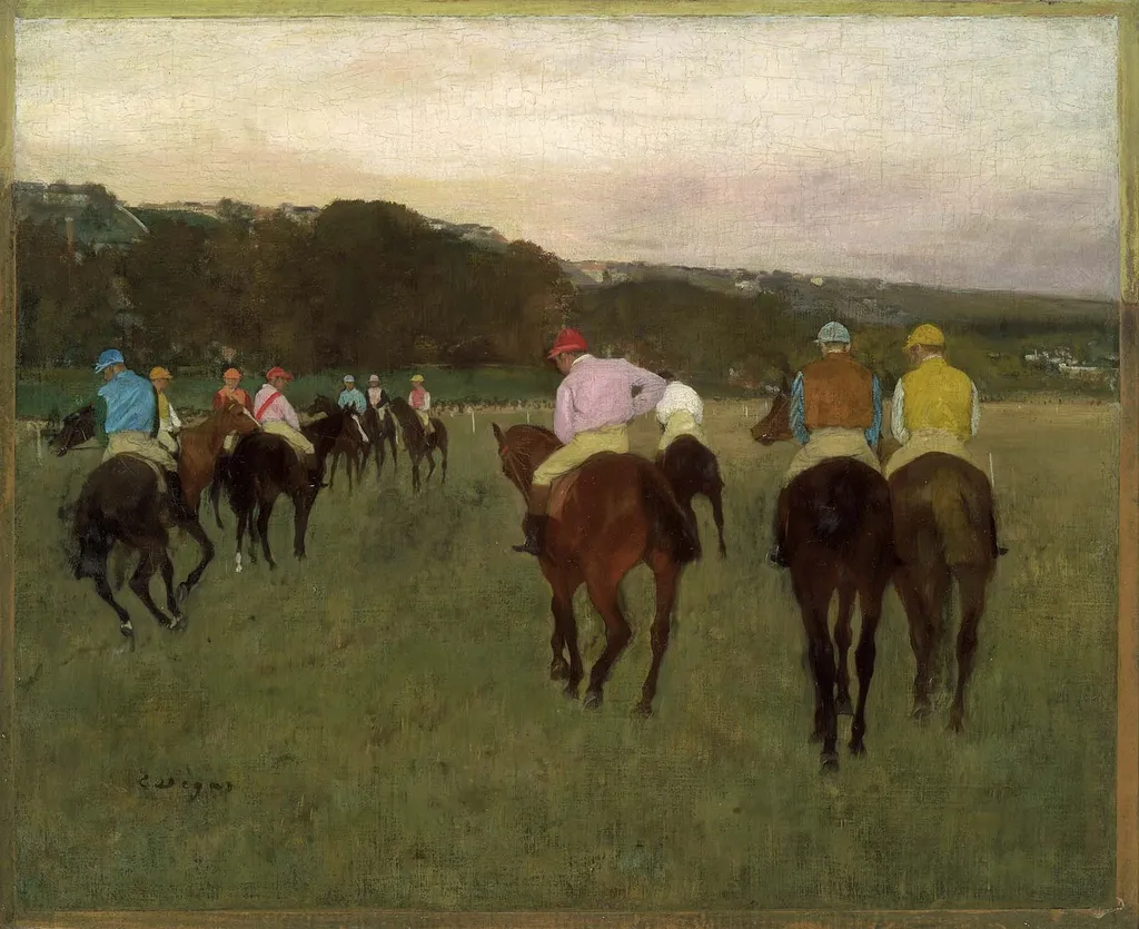 Racehorses at Longchamp, by Edgar Degas, oil, 1874