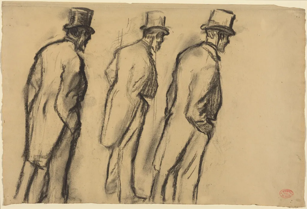 Three Studies of Ludovic Halévy Standing, by Edgar Degas, charcoal, 1880