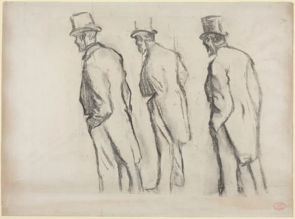 Three Studies of Ludovic Halévy Standing, by Edgar Degas, charcoal, 1880
