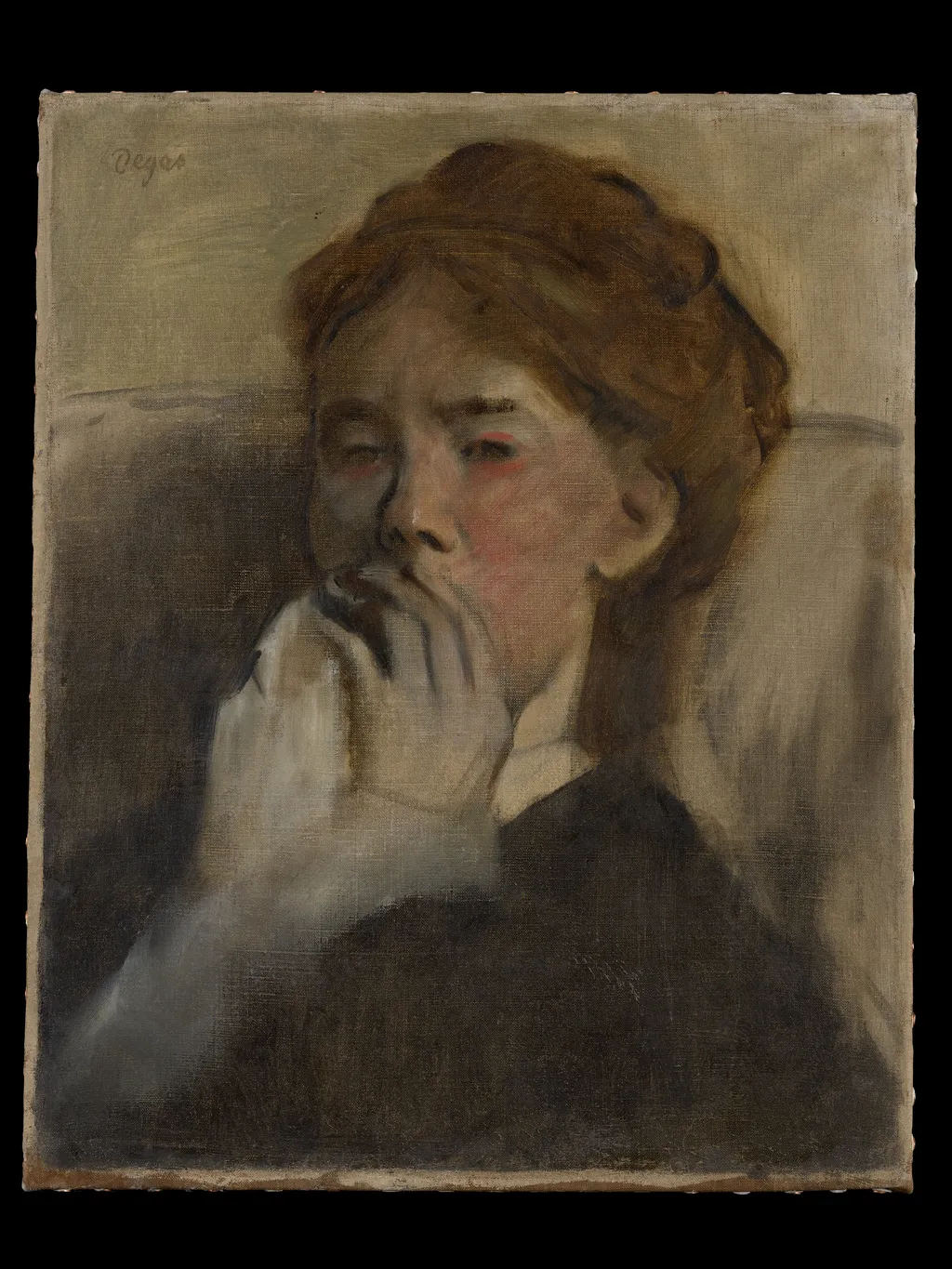 Young Woman with Her Hand over Her Mouth, by Edgar Degas, oil, 1875