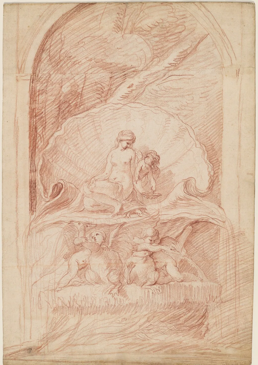 Rocaille Fountain with Venus, Amorini, and Swans, by Edme Bouchardon, chalk, 1735